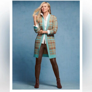 TALBOTS BIRD'S EYE PLAID OPEN FRONT CARDIGAN IN CANDIED BLUE/CAFE WOOL BLEND